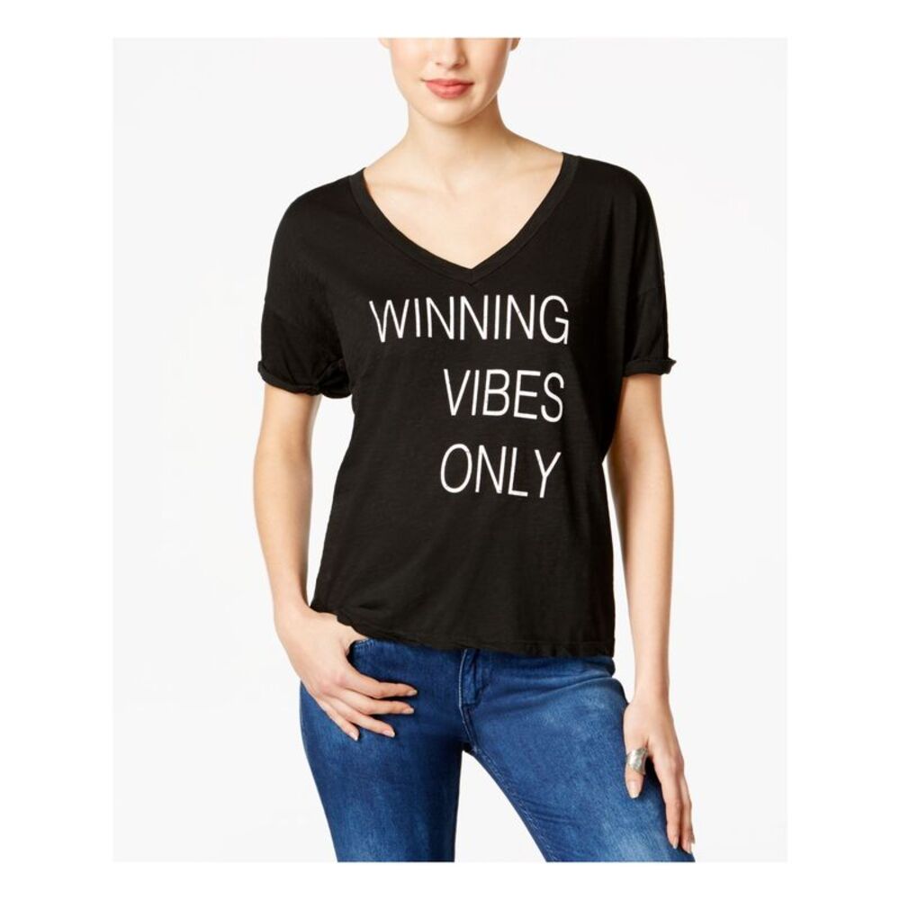 THE ORIGINAL RETRO BRAND Womens Black Printed Short Sleeve V Neck Top Size: XS